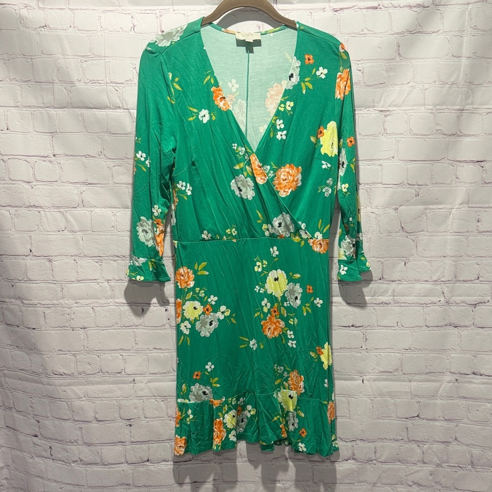 LOFT‎ Green, Yellow, Orange Floral 3/4 Sleeve Lightweight Dress Woman’s Size 6P